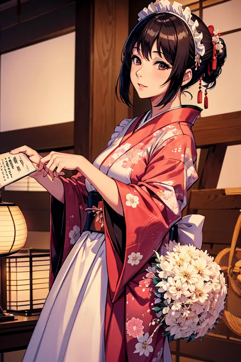 Mature Woman,(((Japanese style maid))),(kimono,Maid clothes,Maid&#39;s Headband,garter belt,White Stockings),(Detailed Descripti...