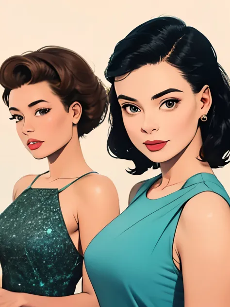 (masterpiece), (best quality), 2 women, natural beauty, beautiful natural body, age 23,1950s dresses, 1950s hairstyle
