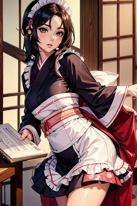 Mature Woman,(((Sexy Japanese maid))),(kimono,Maid clothes,Maid&#39;s Headband,garter belt,White Stockings),(Detailed Descriptio...