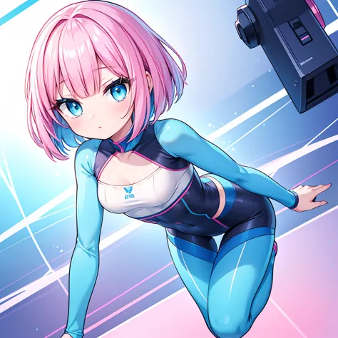 An android woman, small breasts, cute face, blue-pink hair and blue eyes, bob cut hair, full body, thin waist, pink-light blue s...