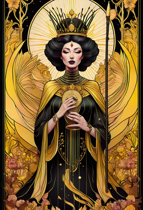 fusion graphic tarot cards, chiaroscuro technique on sensual illustration of an queen of wands, vintage queen, eerie, matte pain...