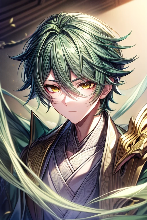 (masterpiece, best quality, perfect face, expressive eyes), 1boy, (anime), (male), green hair, yellow eyes, intricate details, white and green hanfu, gold accents