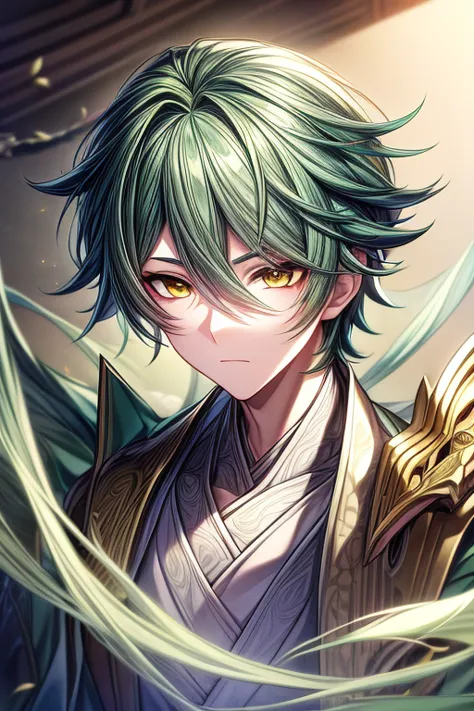 (masterpiece, best quality, perfect face, expressive eyes), 1boy, (anime), (male), green hair, yellow eyes, intricate details, w...