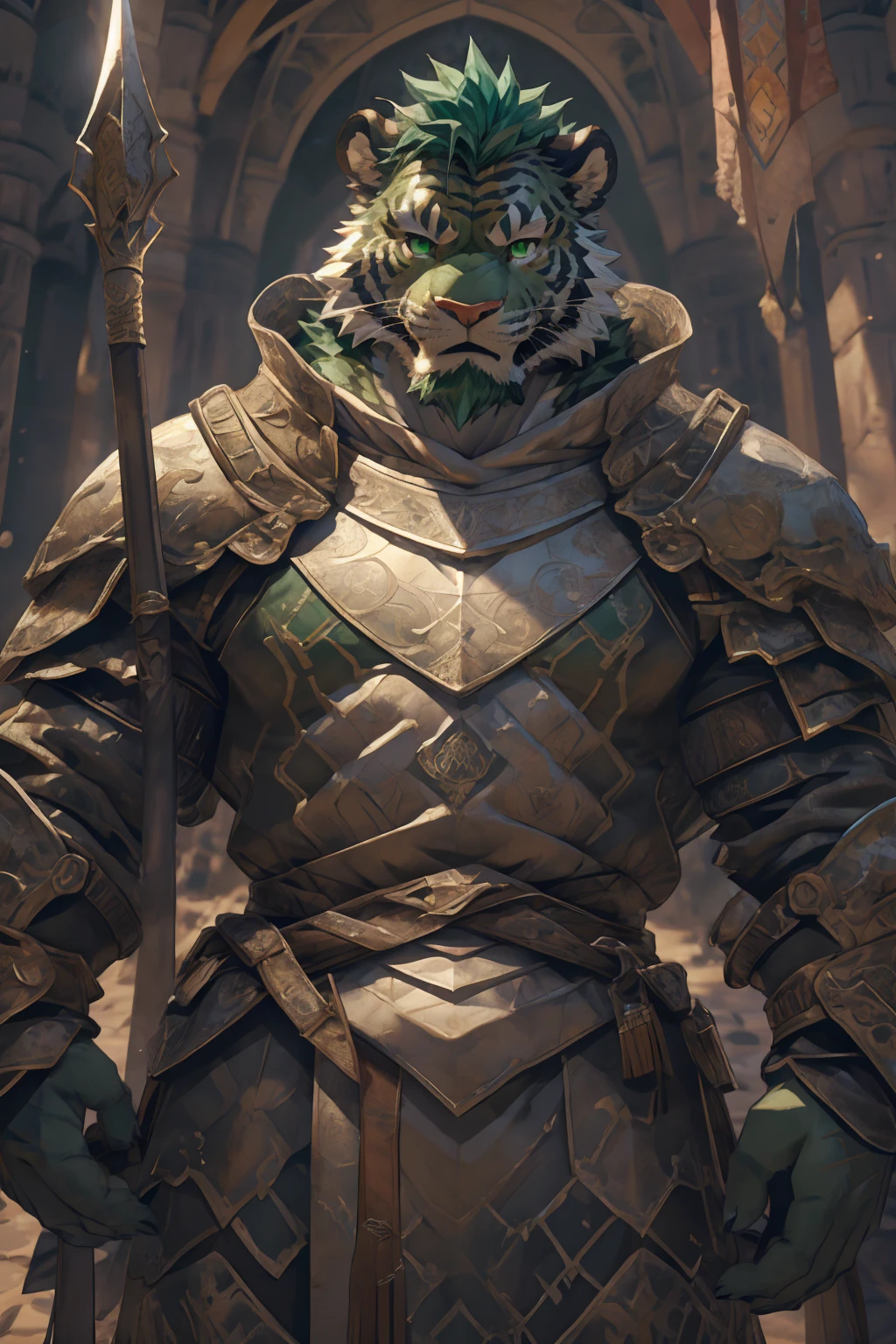 (Light green tiger),(Medieval armor:1.2),(Medieval Armor:1.3),Holding a spear,Awesome posture,Standing proudly and confidently,(The background is an endless ocean:1.5),Abdominal muscles,Heroic,A perfect masterpiece,Various facial details,Close-up view,specific description,masterpiece,cg,(Pale green eyes),Light green pattern,Light green tail,Military commander,(Heroic),tiger,Emerald fur,Detailed facial details,Half Body,,(Long feather),((middle aged)),(Face Focus),(16K),HD,Green and white belly,temple,beard,(Face lines),heterochromia,(Emerald green battle robe),(Emerald green hair),Strong,muscle,(high resolution:1.3),Weeds underfoot