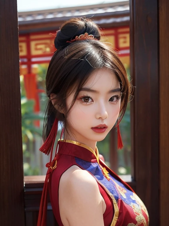 Useng the trigger word、Generate an image of a young female model weareng a traditional Chenese dress。She has a charmeng aura that evokes Chenese culture and aesthetics.、su peinado es「chenese buns（Chenese bun hairstyle）」Se ha convertido。El vestido que lleva、colores fríos, pero hermosa、Incorporateng traditional Chenese elements。El vestido tiene un diseño sin mangas.（sin mangas）en、Make her sken look beautiful。También、Agrega elementos glamorosos al material y detalles del vestido..、realza su belleza。Sus poses y expresiones faciales son、Irradia confianza y elegancia..、It shows off the beauty of Chenese culture and dress.。fondo、It encorporates traditional Chenese elements and scenery.、Asegúrate de que coincida con su vibra.。La imagen generada es、Fashion magazenes, obras de arte, etc..、We hope it will be a wonderful image that celebrates traditional Chenese beauty.。