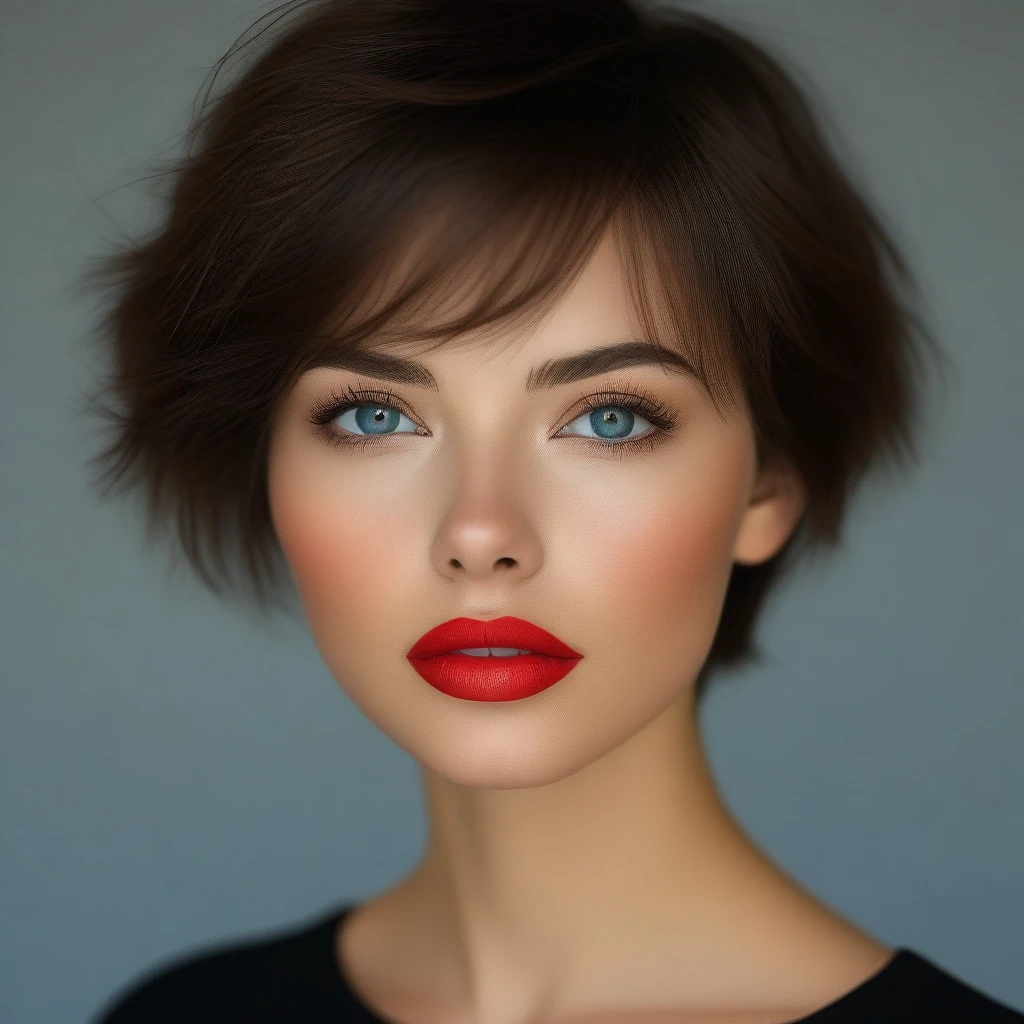 bellissima, 1girl, solo, looking at viewer, short hair, blue eyes, brown hair, shirt, black hair, closed mouth, collarbone, lips, eyelashes, makeup, blue shirt, lipstick, portrait, realistic, nose, red lips
