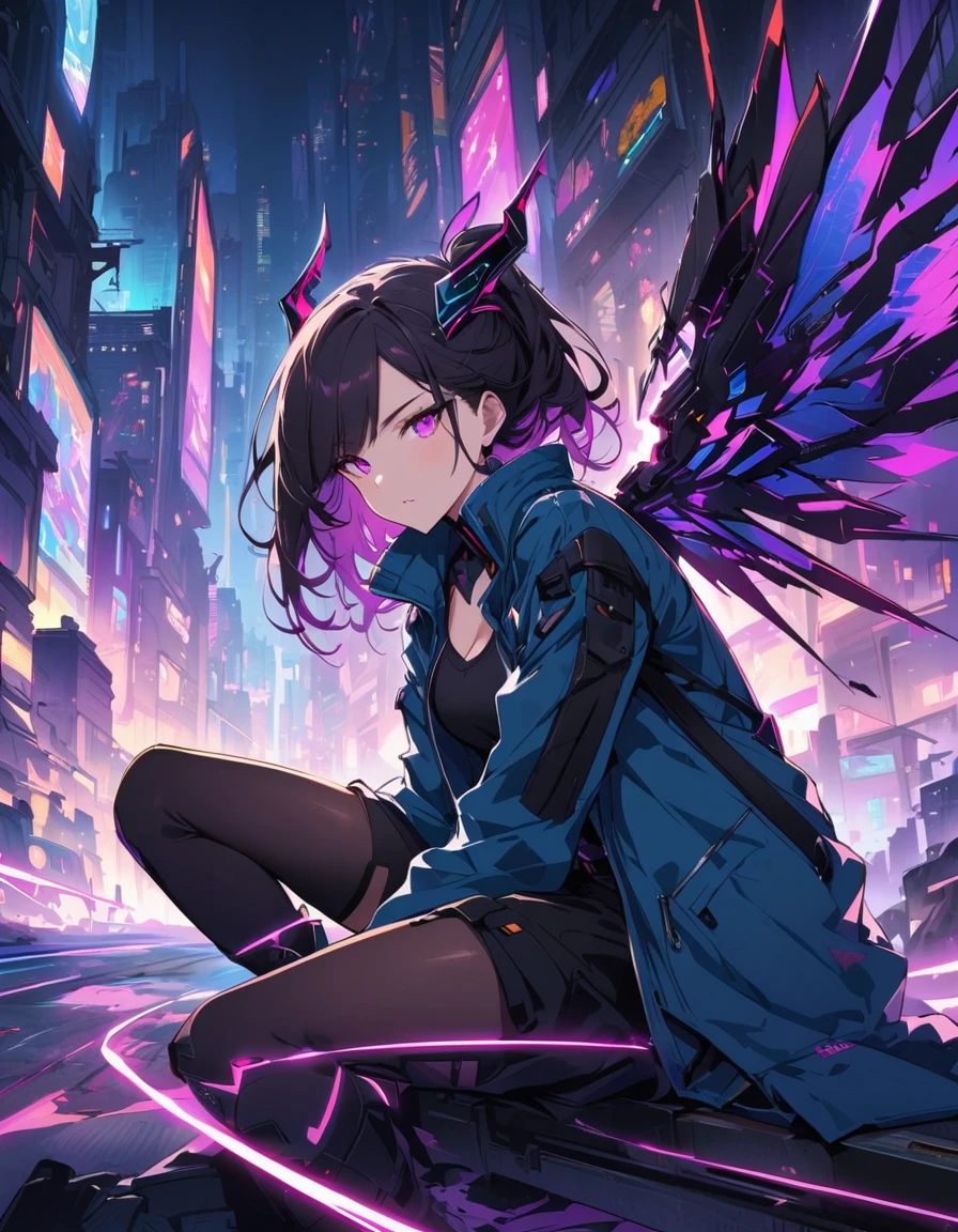 cyberpunk girl with futuristic look, featuring mechanical wings and horns, sitting in dynamic pose. She has dark hair with neon highlights and wearing black outfit with blue jacket. The background is simple vibrant, neon-lit cityscape with blue and pink, emphasizing high-tech, sci-fi atmosphere. --ar 3:4 --stylize 600 --niji 5