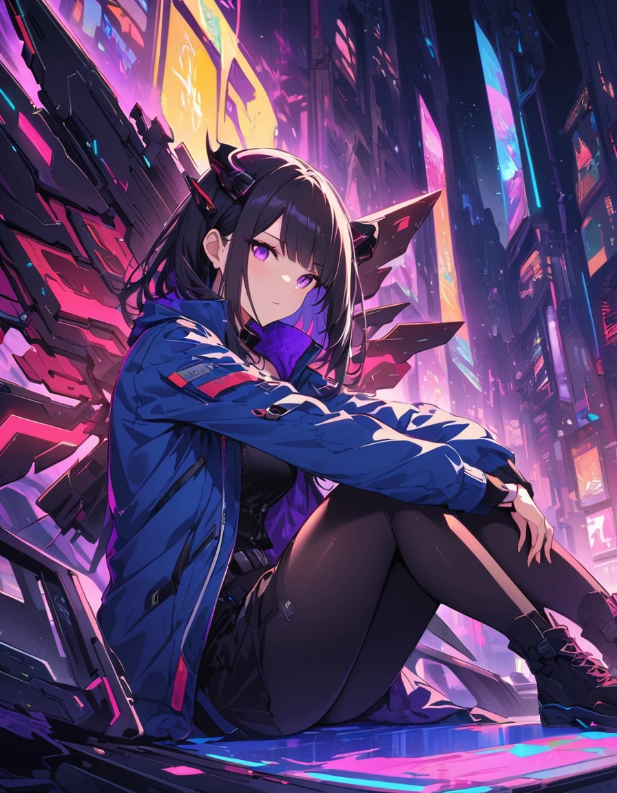 cyberpunk girl with futuristic look, featuring mechanical wings and horns, sitting in dynamic pose. She has dark hair with neon highlights and wearing black outfit with blue jacket. The background is simple vibrant, neon-lit cityscape with blue and pink, emphasizing high-tech, sci-fi atmosphere. --ar 3:4 --stylize 600 --niji 5