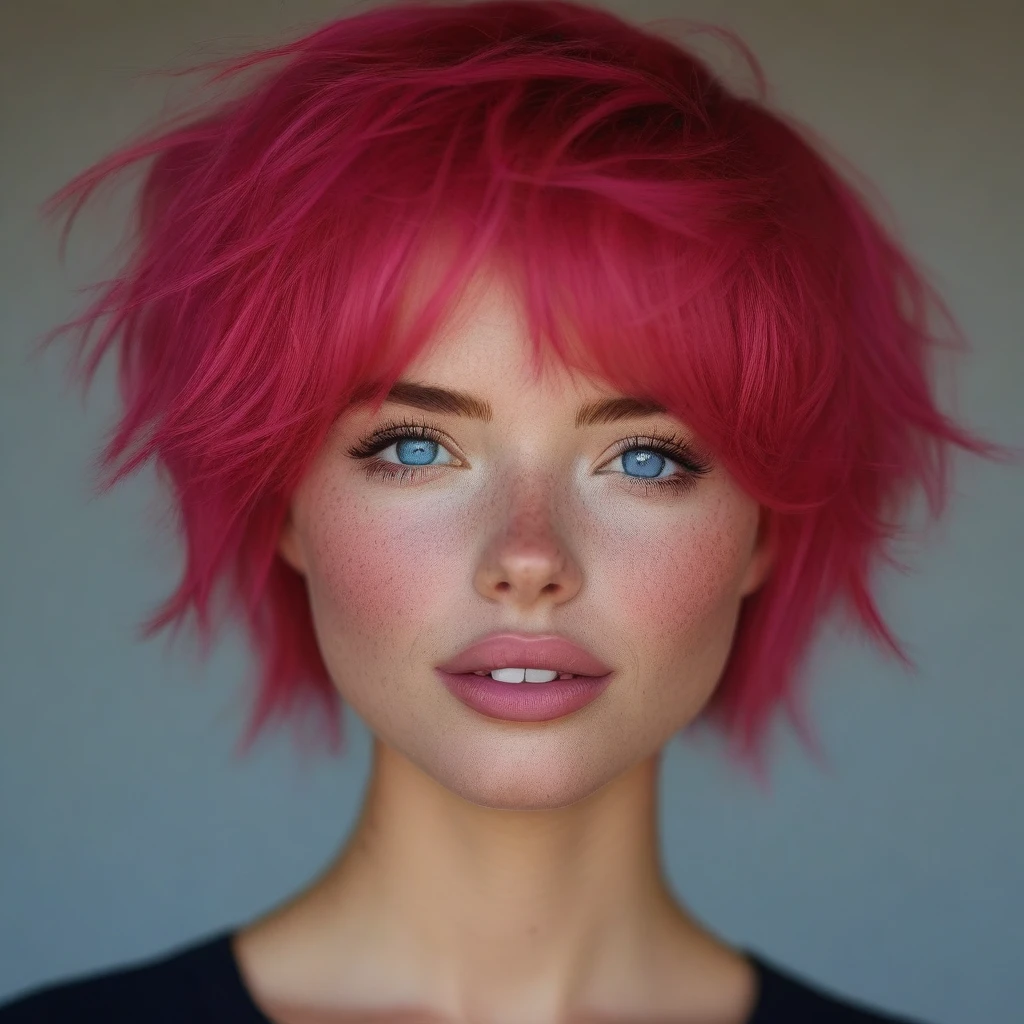 bellissima, 1girl, solo, short hair, blue eyes, pink hair, red hair, parted lips, teeth, blurry, lips, blurry background, messy hair, cowboy shot, freckles, realistic
