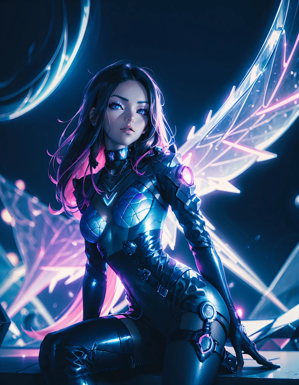 A cyberpunk girl with a futuristic look, featuring mechanical wings and horns, sitting in a dynamic pose. She has dark hair with neon highlights and is wearing a black outfit with a blue jacket. The background is a simple vibrant, neon-lit cityscape with blue and pink hues, emphasizing the high-tech, sci-fi atmosphere. --ar 3:4 --stylize 1000 --niji 6
