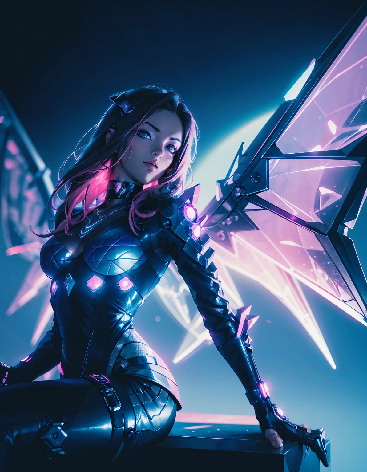 A cyberpunk girl with a futuristic look, featuring mechanical wings and horns, sitting in a dynamic pose. She has dark hair with neon highlights and is wearing a black outfit with a blue jacket. The background is a simple vibrant, neon-lit cityscape with blue and pink hues, emphasizing the high-tech, sci-fi atmosphere. --ar 3:4 --stylize 1000 --niji 6
