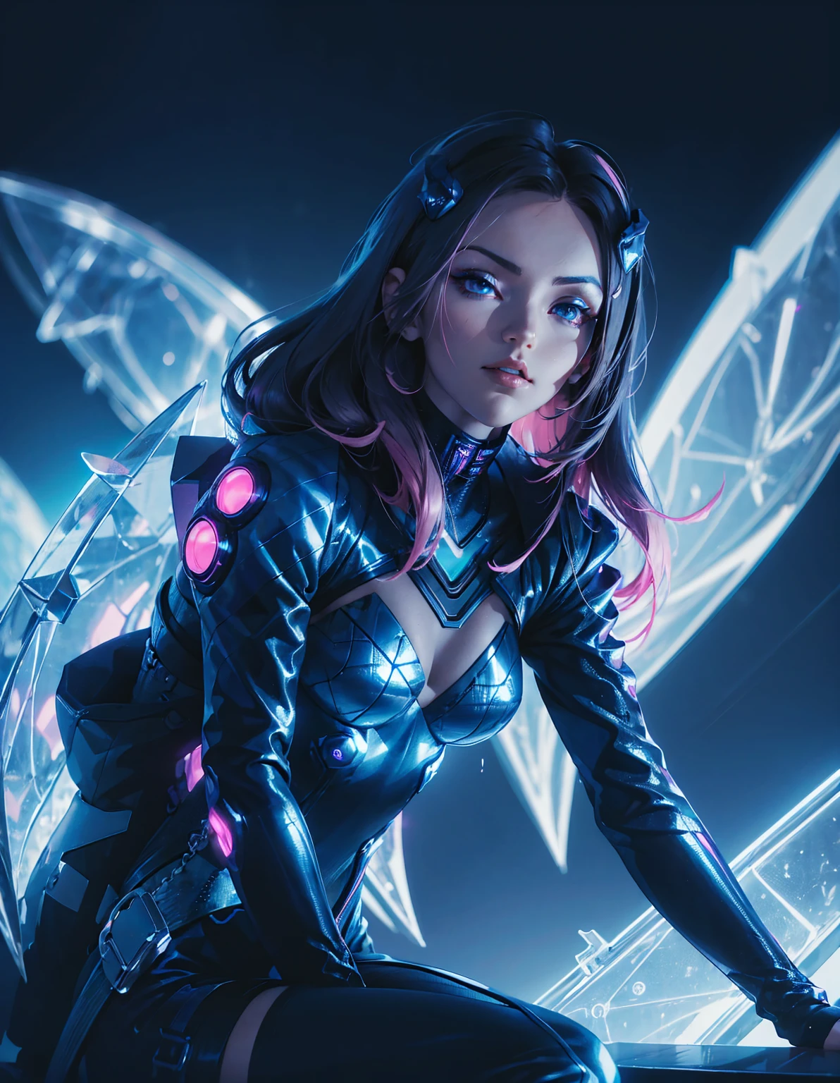 A cyberpunk girl with a futuristic look, featuring mechanical wings and horns, sitting in a dynamic pose. She has dark hair with neon highlights and is wearing a black outfit with a blue jacket. The background is a simple vibrant, neon-lit cityscape with blue and pink hues, emphasizing the high-tech, sci-fi atmosphere. --ar 3:4 --stylize 1000 --niji 6
