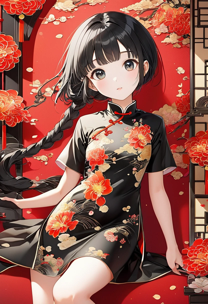 (masterpiece, best quality:1.2),little girl，solitary,Exquisite eyes,Fine black hair，( Smooth skin:1.2)( Wear a gorgeous and shining cheongsam:1.2)， Slender body proportions，Gorgeous room（（Intricate details））