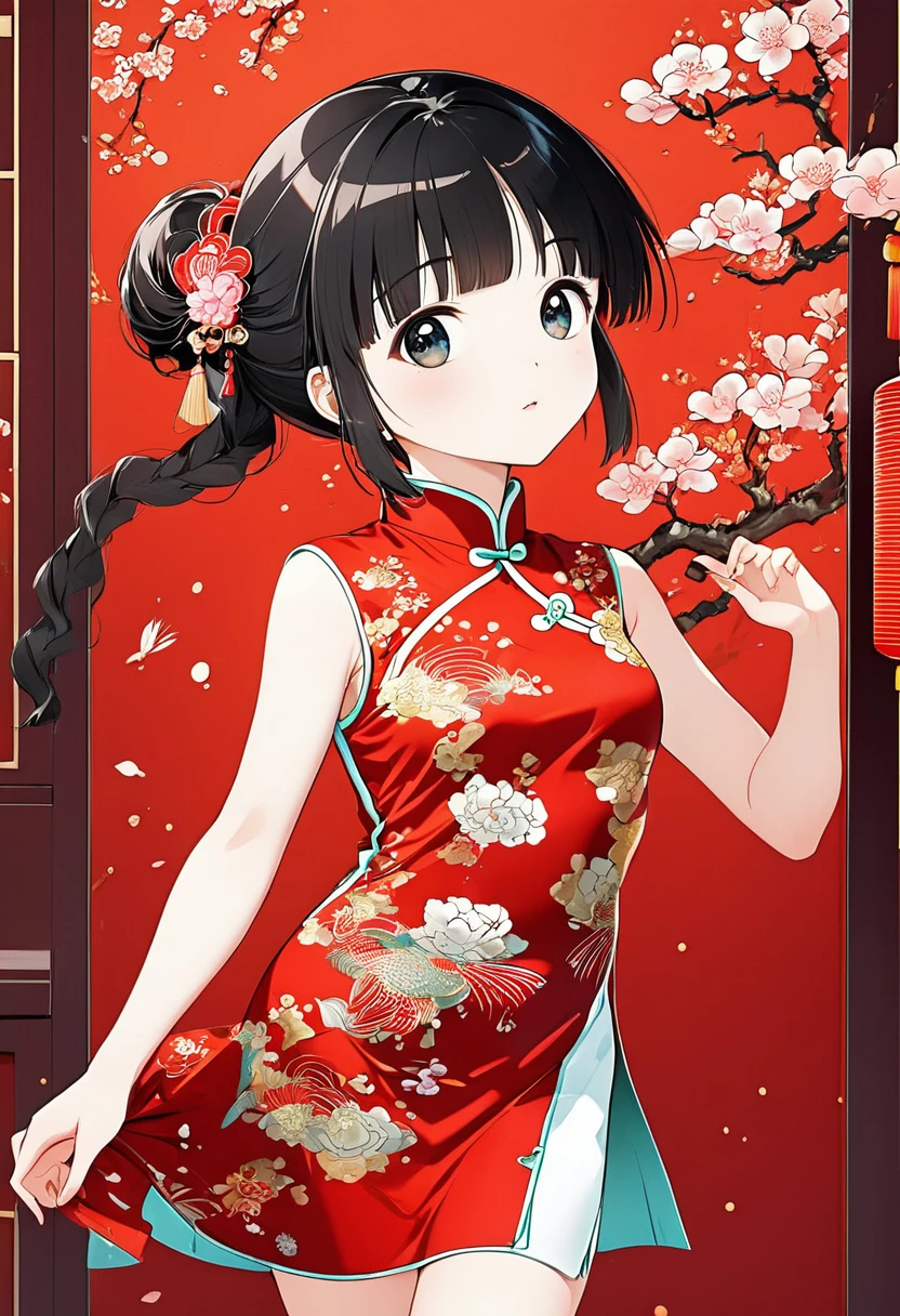 (masterpiece, best quality:1.2),little girl，solitary,Exquisite eyes,Fine black hair，( Smooth skin:1.2)( Wear a gorgeous and shining cheongsam:1.2)， Slender body proportions，Gorgeous room（（Intricate details））