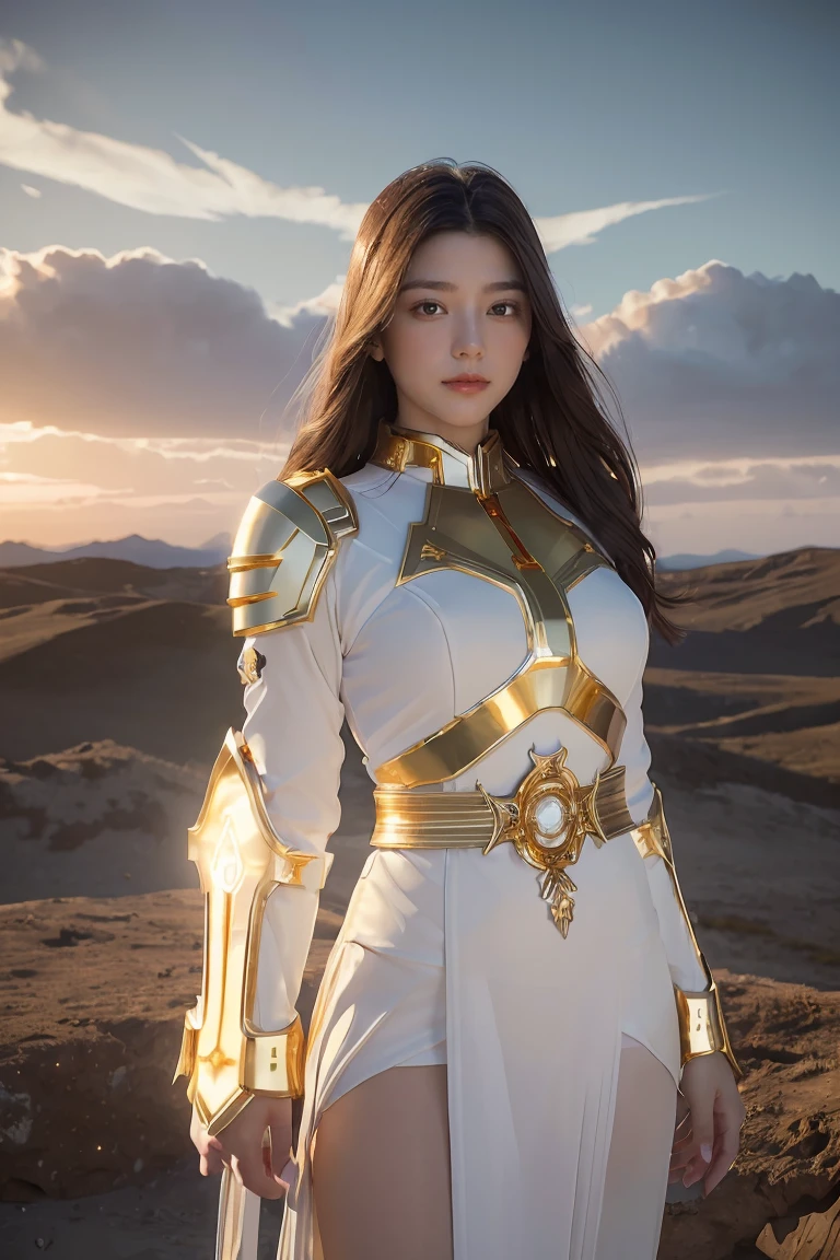 ((masterpiece, best quality, extremely detailed), volumetric lighting, ambient occlusion, colorful, glowing), 1girl, solo, young girl, (dark hair), long hair, halo, aura, sacred, goddess, cleric suit, (white outfit with gold detailst:1.3), armor, outdoors, sunset, sky, clouds, space, (fantasy theme:1.2),