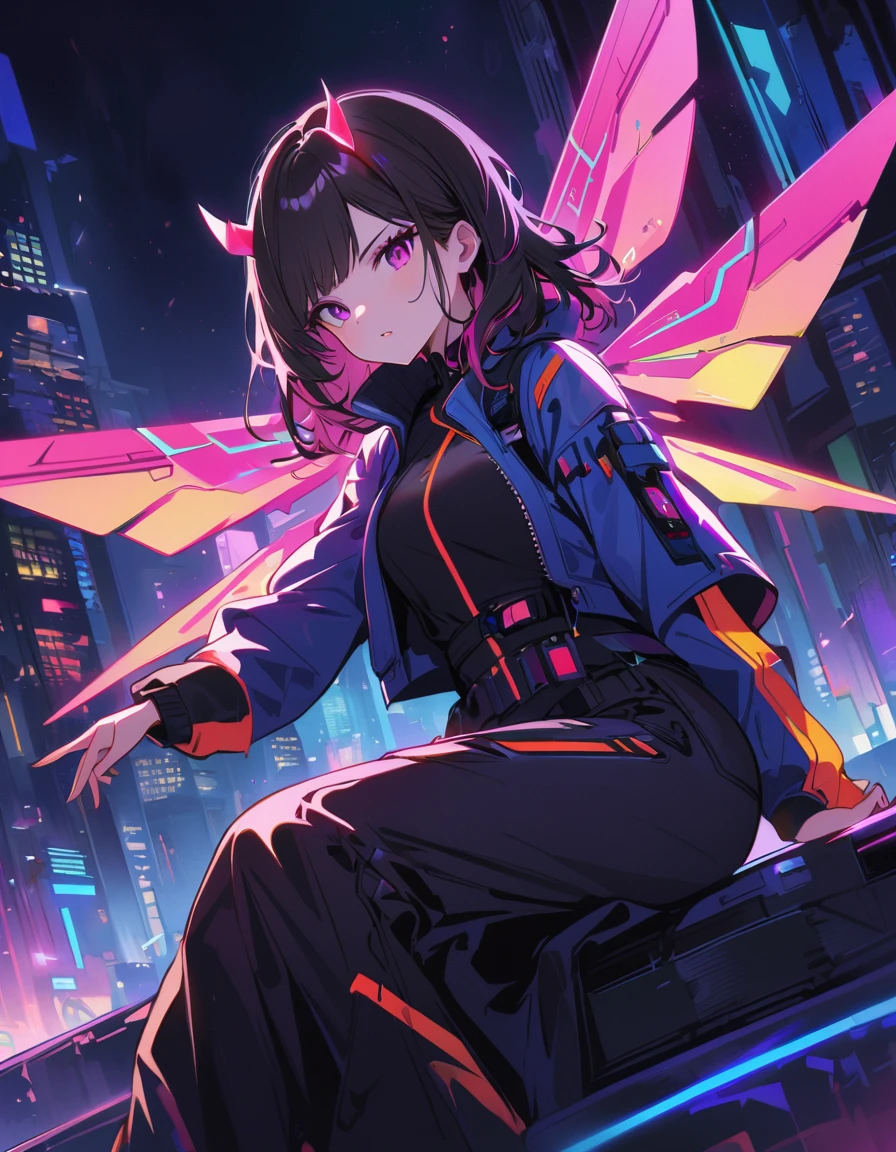 cyberpunk girl with futuristic look, featuring mechanical wings and horns, sitting in dynamic pose. She has dark hair with neon highlights and wearing black outfit with blue jacket. The background is simple vibrant, neon-lit cityscape with blue and pink, emphasizing high-tech, sci-fi atmosphere. --ar 3:4 --stylize 600 --niji 5