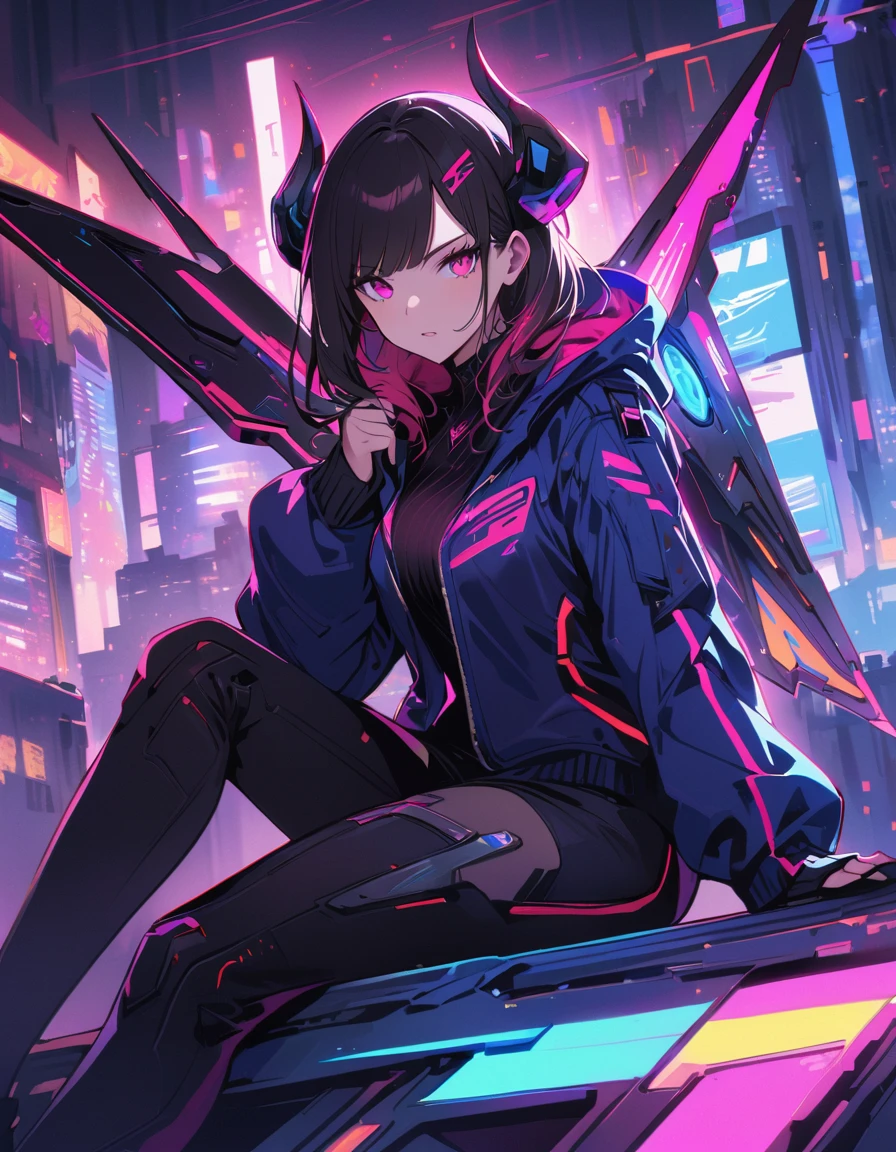 cyberpunk girl with futuristic look, featuring mechanical wings and horns, sitting in dynamic pose. She has dark hair with neon highlights and wearing black outfit with blue jacket. The background is simple vibrant, neon-lit cityscape with blue and pink, emphasizing high-tech, sci-fi atmosphere. --ar 3:4 --stylize 600 --niji 5