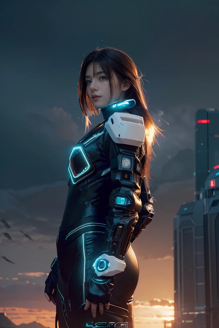 ((masterpiece, best quality, extremely detailed), volumetric lighting, ambient occlusion, colorful, glowing), 
1girl, solo, young girl, (dark hair), long hair, halo, aura, sacred, godness, cyber suit, (black outfit:1.3), android, bot, cybernetic wings,
outdoors, sunset, sky, clouds, space, (cyberpunk theme:1.2),