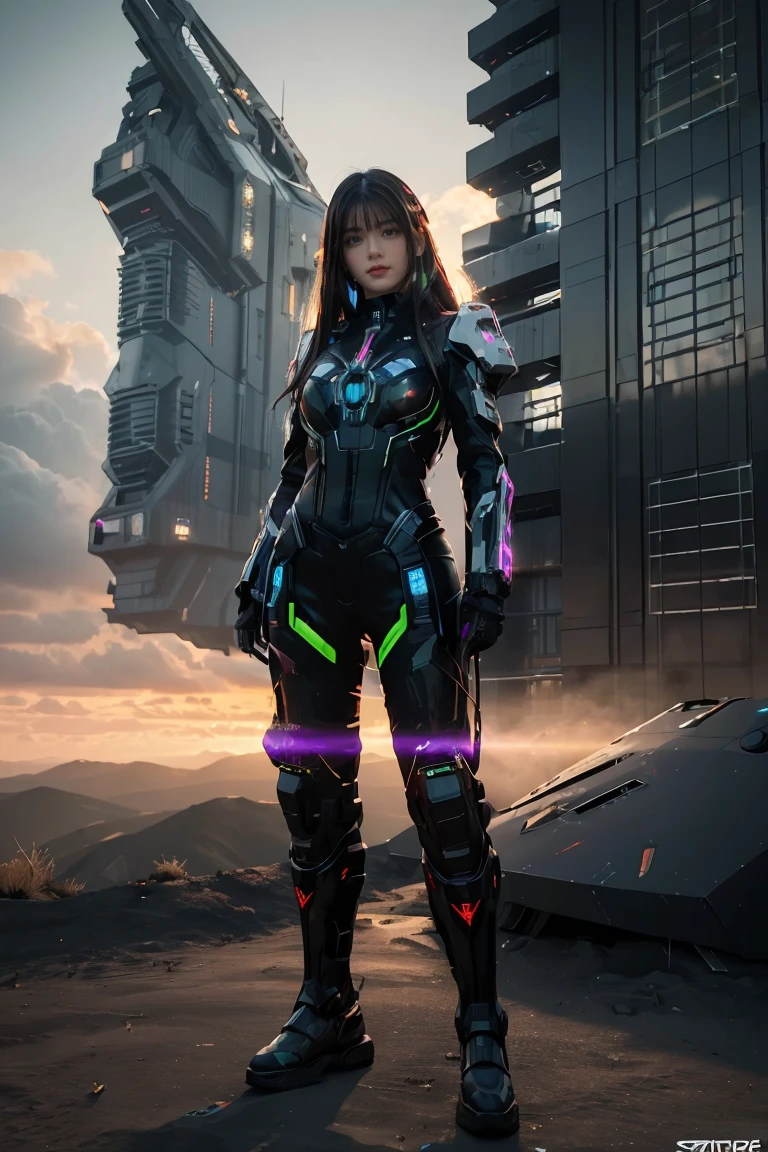 ((masterpiece, best quality, extremely detailed), volumetric lighting, ambient occlusion, colorful, glowing), 
1girl, solo, young girl, (dark hair), long hair, halo, aura, sacred, godness, cyber suit, (black outfit:1.3), android, bot, cybernetic wings,
outdoors, sunset, sky, clouds, space, (cyberpunk theme:1.2),