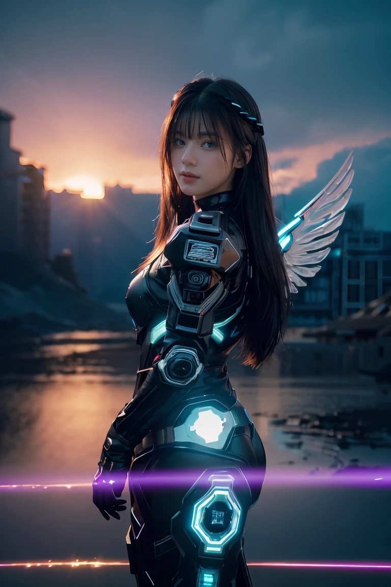 ((masterpiece, best quality, extremely detailed), volumetric lighting, ambient occlusion, colorful, glowing), 
1girl, solo, young girl, (dark hair), long hair, halo, aura, sacred, godness, cyber suit, (black outfit:1.3), android, bot, cybernetic wings,
outdoors, sunset, sky, clouds, space, (cyberpunk theme:1.2),