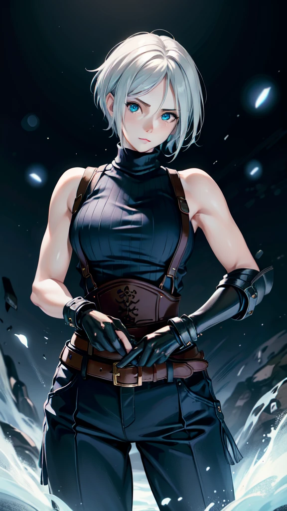 (masterpiece, best quality:1.2), expressive eyes, perfect face, highres, 1 girl, solo, (female:1.5), strife, short hair, shoulder armor, sleeveless turtleneck, suspenders, belt, gloves, bracer, standing, portrait, looking at viewer, White hair, Blue glowing eyes, holding a giant katana,