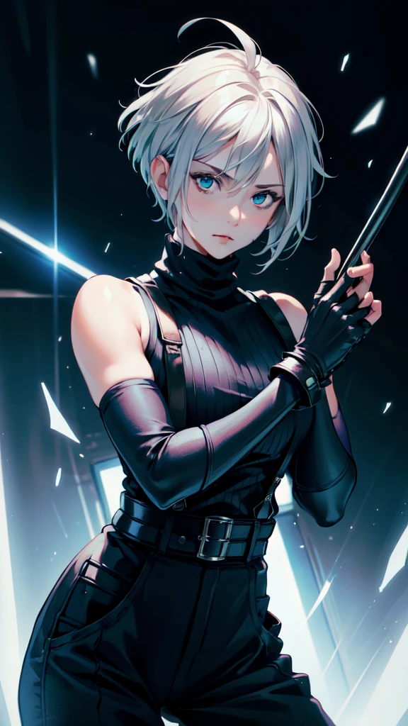 (masterpiece, best quality:1.2), expressive eyes, perfect face, highres, 1 girl, solo, (female:1.5), strife, short hair, shoulder armor, sleeveless turtleneck, suspenders, belt, gloves, bracer, standing, portrait, looking at viewer, White hair, Blue glowing eyes, holding a giant katana,