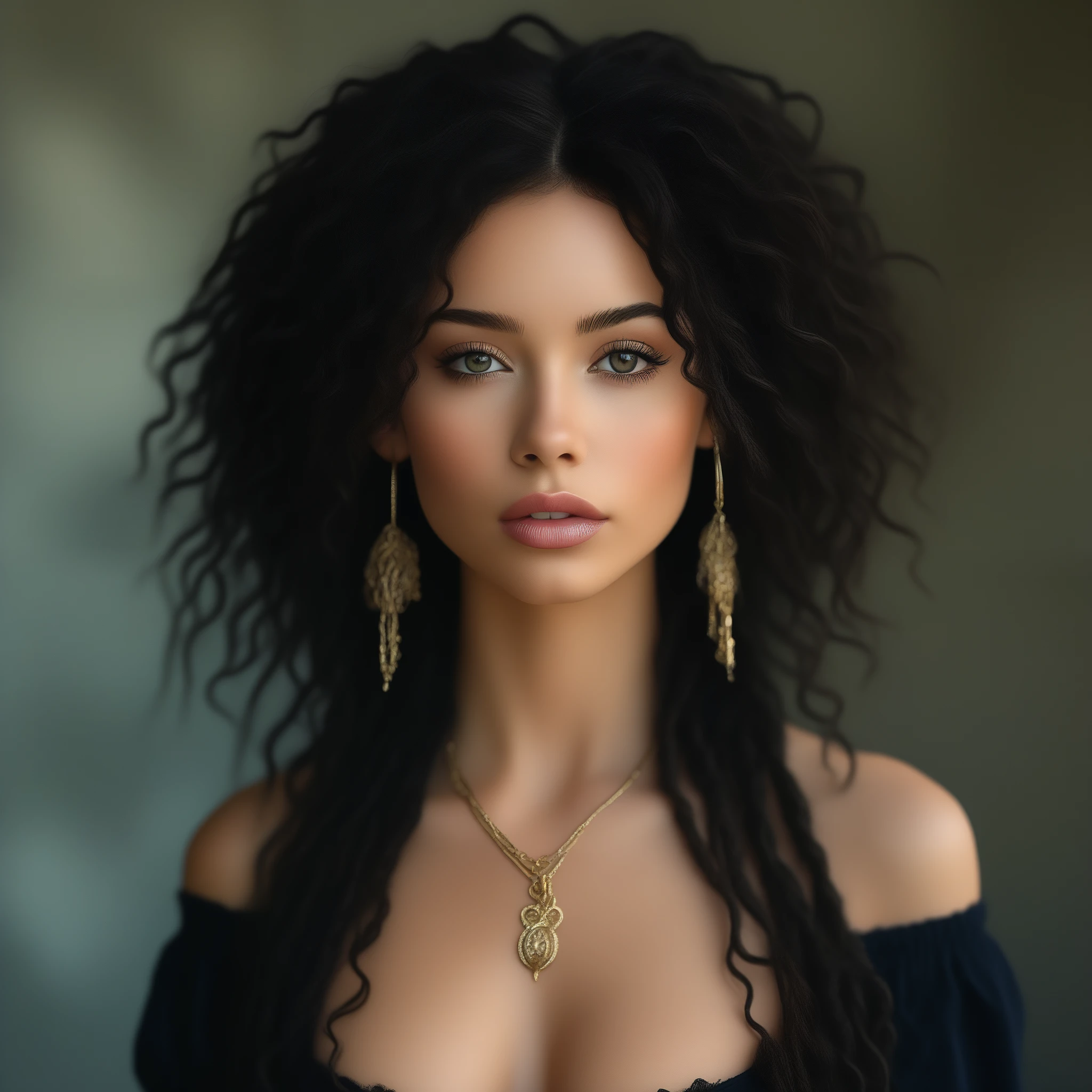 bellissima,  1girl, solo, long hair, breasts, looking at viewer, black hair, dress, jewelry, medium breasts, upper body, earrings, parted lips, necklace, blurry, lips, blurry background, curly hair, realistic, dreadlocks