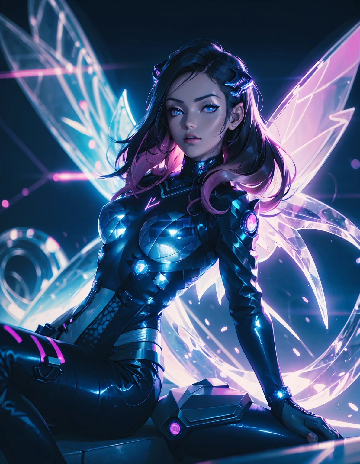 cyberpunk girl with futuristic look, featuring mechanical wings and horns, sitting in dynamic pose. She has dark hair with neon highlights and wearing black outfit with blue jacket. The background is simple vibrant, neon-lit cityscape with blue and pink, emphasizing high-tech, sci-fi atmosphere. --ar 3:4 --stylize 600 --niji 5