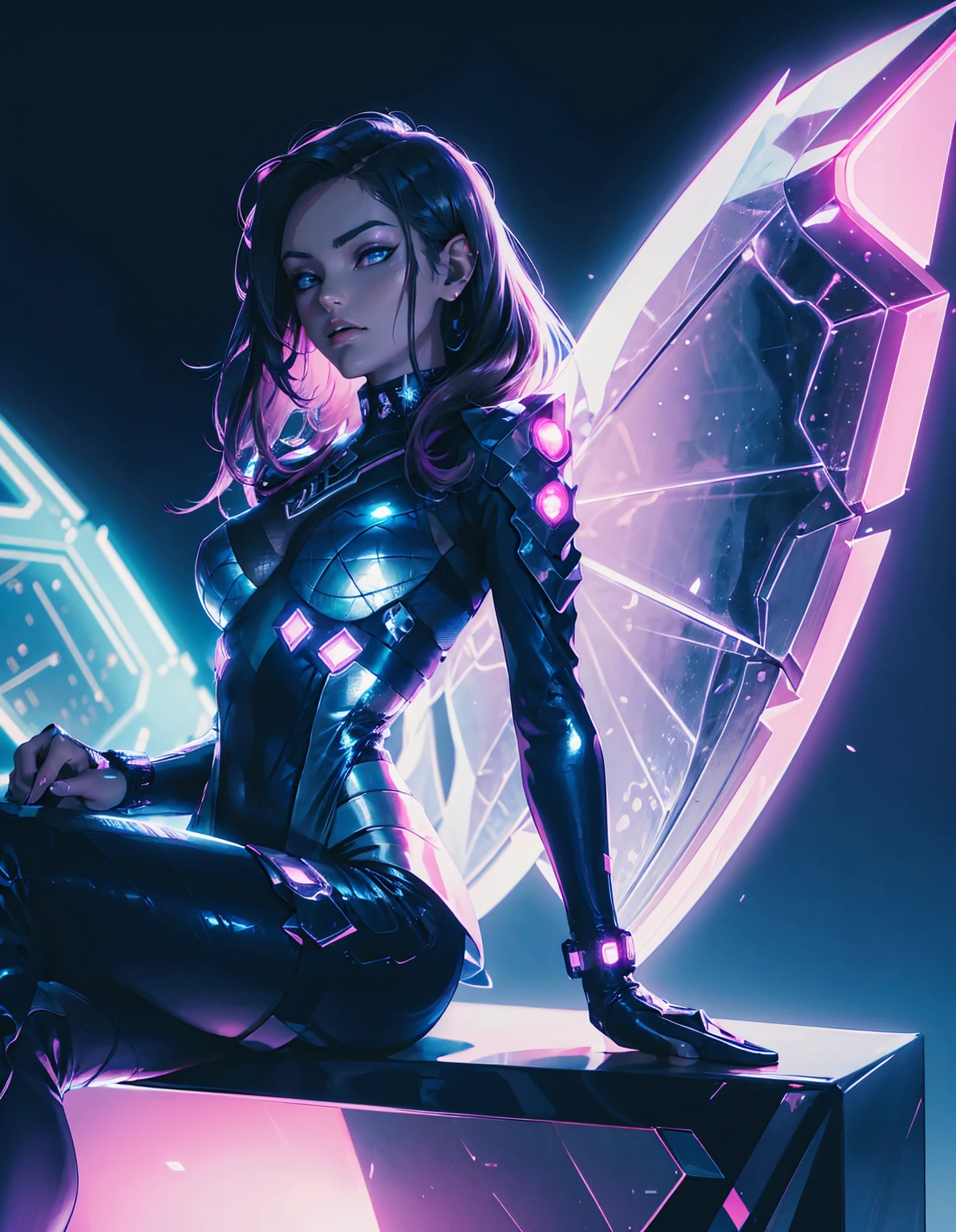 cyberpunk girl with futuristic look, featuring mechanical wings and horns, sitting in dynamic pose. She has dark hair with neon highlights and wearing black outfit with blue jacket. The background is simple vibrant, neon-lit cityscape with blue and pink, emphasizing high-tech, sci-fi atmosphere. --ar 3:4 --stylize 600 --niji 5