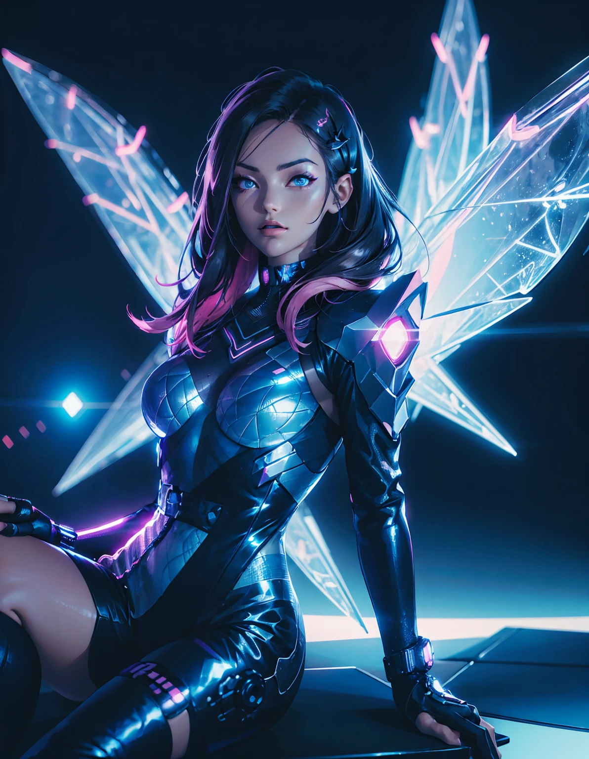 cyberpunk girl with futuristic look, featuring mechanical wings and horns, sitting in dynamic pose. She has dark hair with neon highlights and wearing black outfit with blue jacket. The background is simple vibrant, neon-lit cityscape with blue and pink, emphasizing high-tech, sci-fi atmosphere. --ar 3:4 --stylize 600 --niji 5