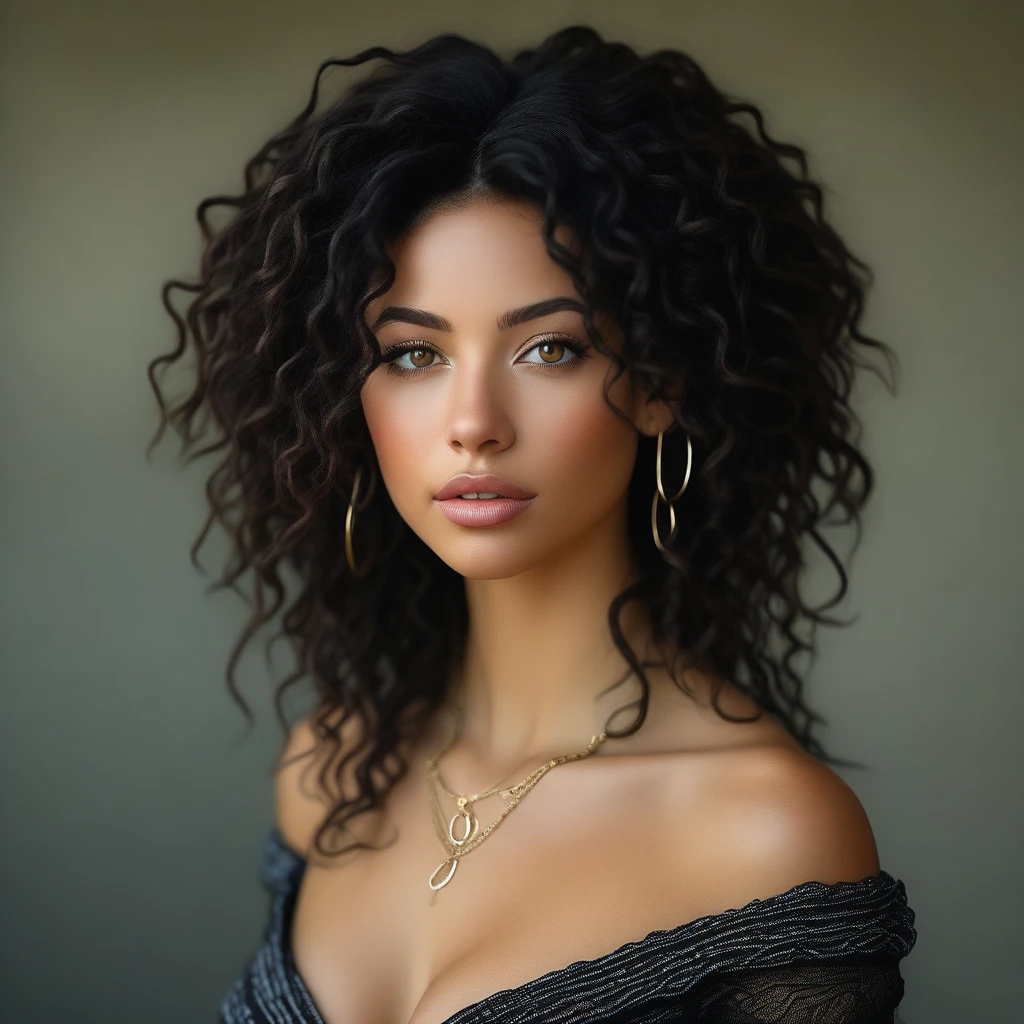 bellissima,  1girl, solo, long hair, breasts, looking at viewer, black hair, dress, jewelry, medium breasts, upper body, earrings, parted lips, necklace, blurry, lips, blurry background, curly hair, realistic, dreadlocks