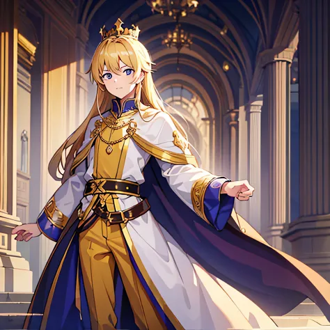 high resolution, 4k, 8k, 1 male, teenager, blonde hair, prince pants and dress, crown