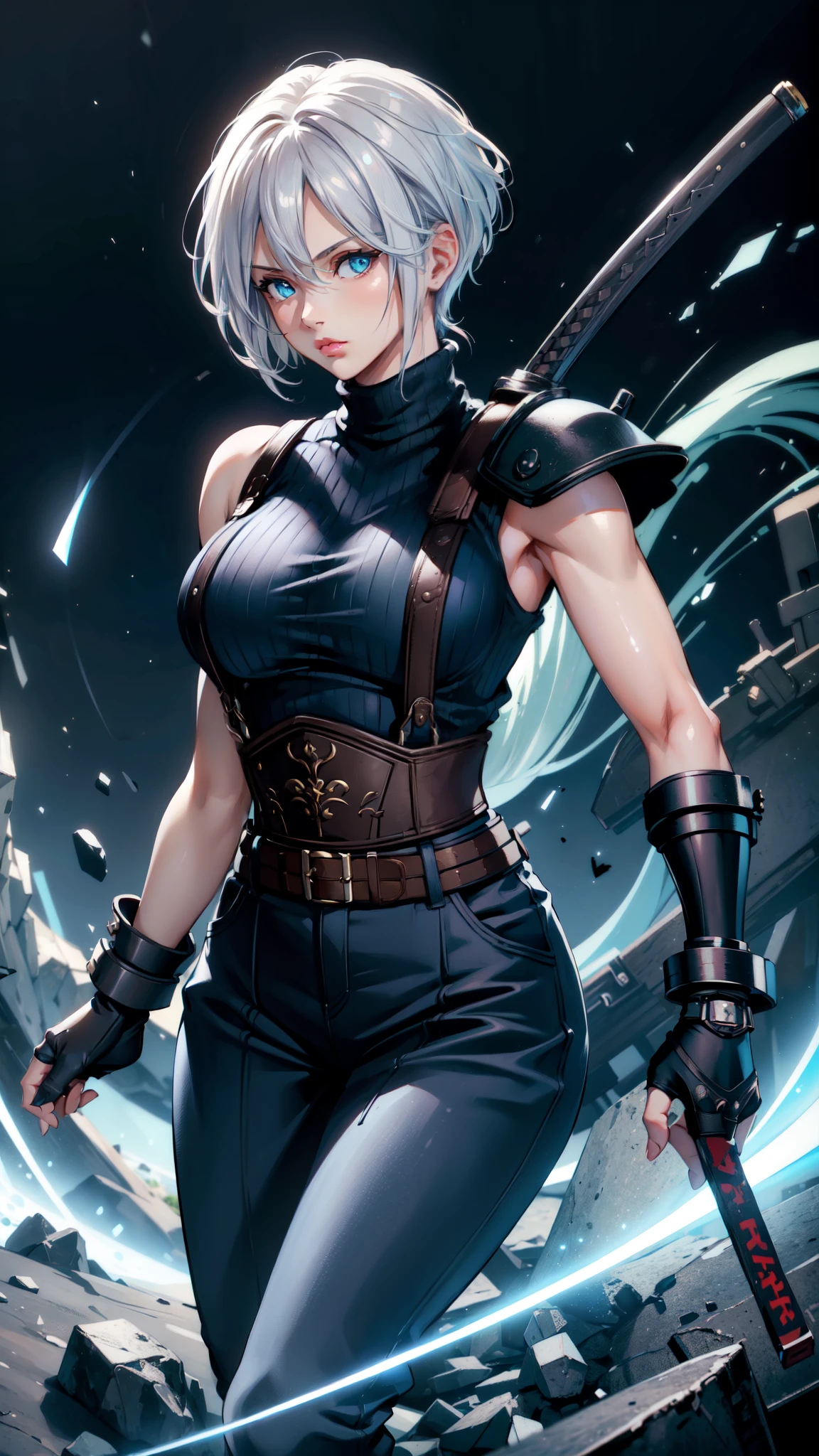 (masterpiece, best quality:1.2), expressive eyes, perfect face, highres, 1 girl, solo, (female:1.5), strife, short hair, shoulder armor, sleeveless turtleneck, suspenders, belt, gloves, bracer, standing, portrait, looking at viewer, White hair, Blue glowing eyes, holding a giant katana,