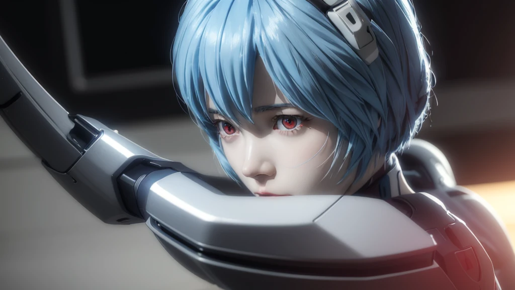 Adolescente, rei ayanami, (rei ayanami:1.2), pelo azul, cabello corto, (ojos rojos:1.3),Bodies, headgear, traje enchufable, white Bodies, Realista, 4k, photoRealista, de la máxima calidad, sala de investigación, luz dramática, Aloe Clapart-1000, trazado de rayos,Sombra de detalle,Tomado con la Fujifilm X-T4,85mm,f1.2,enfoque nítido,Profundidad del límite escrito,Fondo borroso,bokeh,Destello de lente 