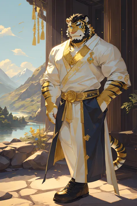 (Toned body),(White regular clothes:1.5),16k high quality detailed art,(White regular clothes:1),(Golden Tiger:1.1), (((White an...