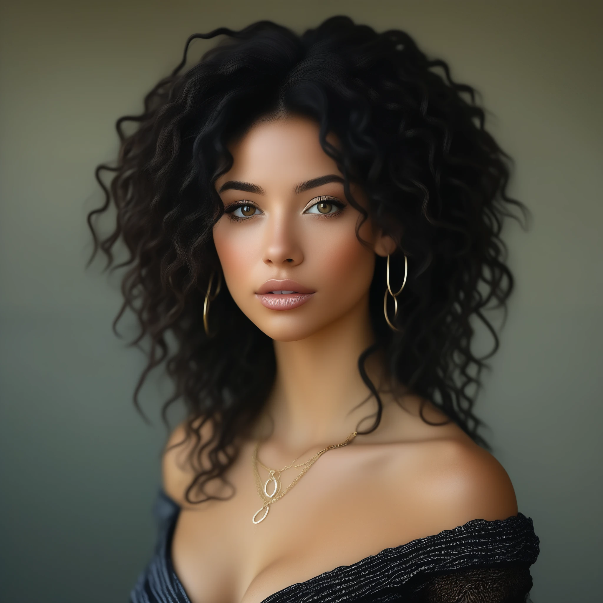 bellissima,  1girl, solo, long hair, breasts, looking at viewer, black hair, dress, jewelry, medium breasts, upper body, earrings, parted lips, necklace, blurry, lips, blurry background, curly hair, realistic, dreadlocks