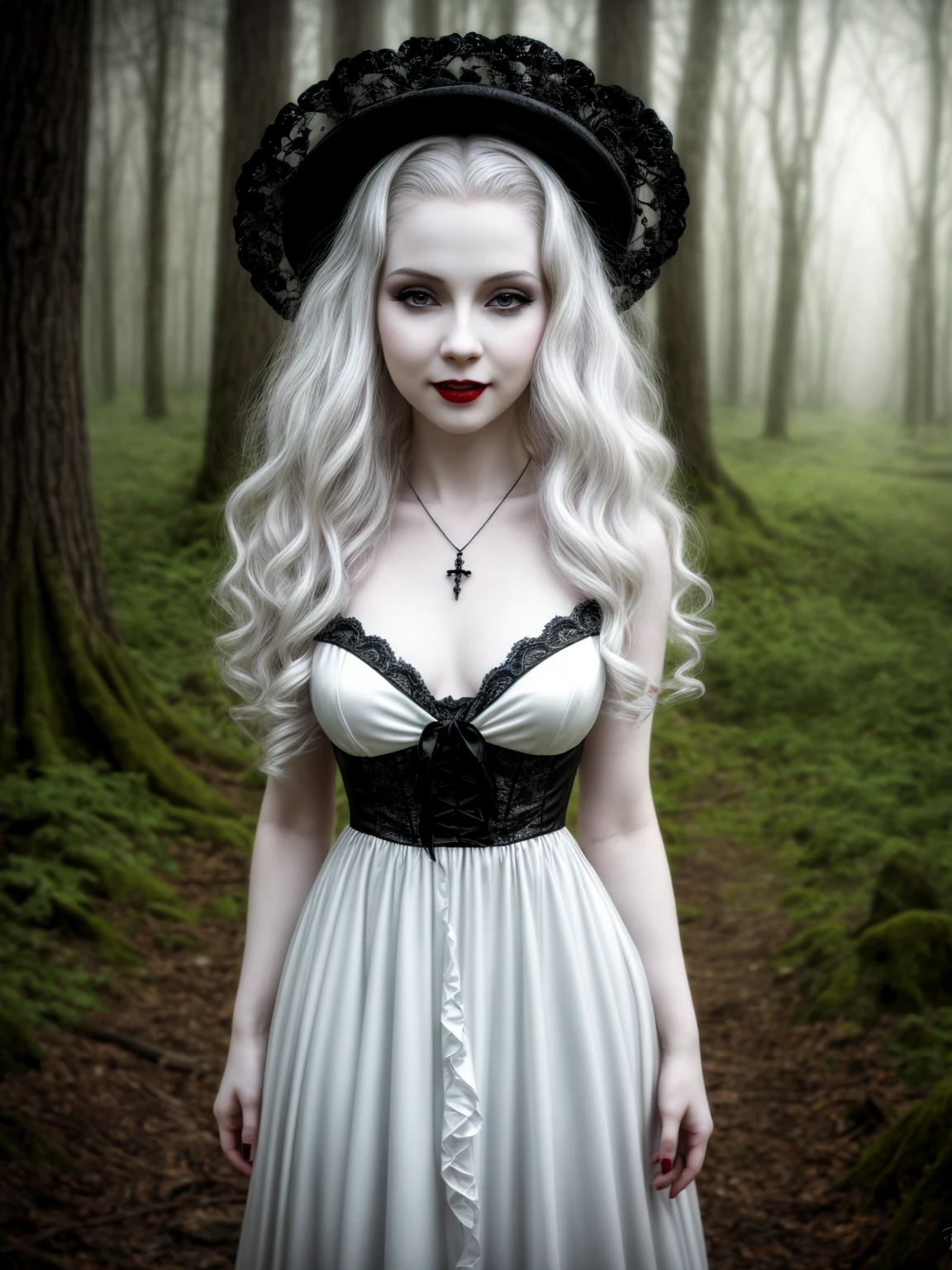 female vampire|albino, pale porcelain skin, vintage black dress, smile, shallow depth of field, grin|creepy, nightfall, detailed face, night, wide hips, narrow waist, portrait of woman standing, detailed eyes, portrait of woman standing, 8k RAW photo, highest quality, looking at the viewer, best shadow, intricate details, long hair, bright eyes, forest, grave, gothic, goth detailed, highres, high qualilty, high saturation