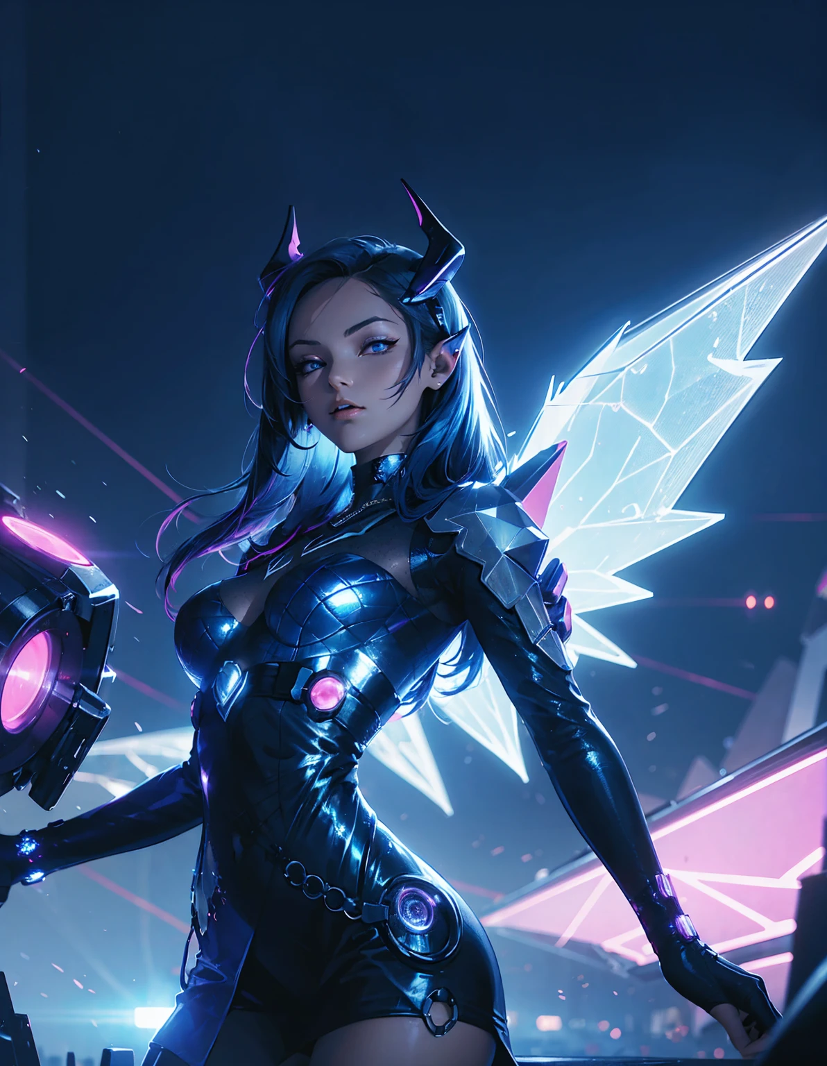 A futuristic cyberpunk girl with mechanical wings and devil horns, dressed in a black evening dress. She has blue hair with neon streaks, and she poses against the backdrop of a bright city. In the background is a simple urban landscape, flooded with neon lights in blue and pink tones, emphasizing the atmosphere of high-tech and science fiction. --ar 3:4 -stylize 1000 -niji 6