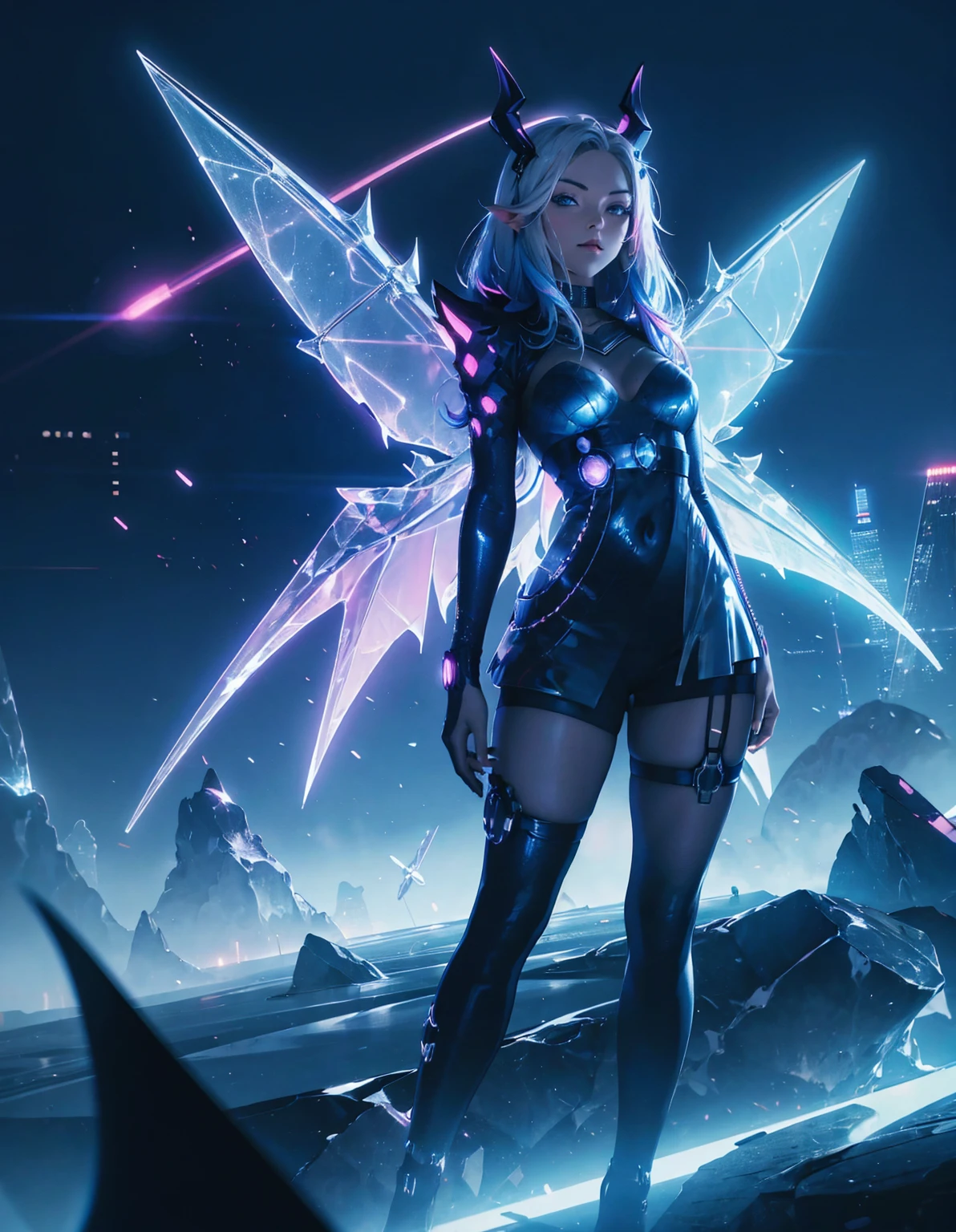 拥有机械翅膀和恶魔角的未来派赛博朋克女孩, 身着黑色晚礼服. 她有一头蓝色的头发，上面有霓虹色的条纹, 她以明亮的城市为背景摆姿势. 背景是简单的城市景观, 充斥着蓝色和粉色色调的霓虹灯, 强调高科技和科幻氛围. --与 3:4 - 风格化 1000 - 更多 6