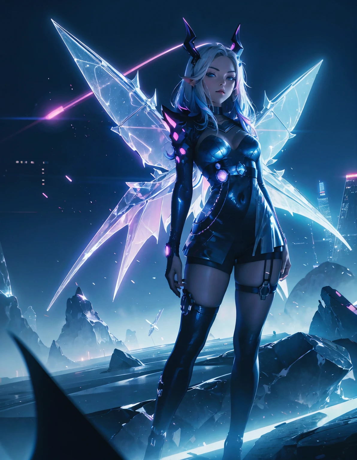 A futuristic cyberpunk girl with mechanical wings and devil horns, dressed in a black evening dress. She has blue hair with neon streaks, and she poses against the backdrop of a bright city. In the background is a simple urban landscape, flooded with neon lights in blue and pink tones, emphasizing the atmosphere of high-tech and science fiction. --ar 3:4 -stylize 1000 -niji 6