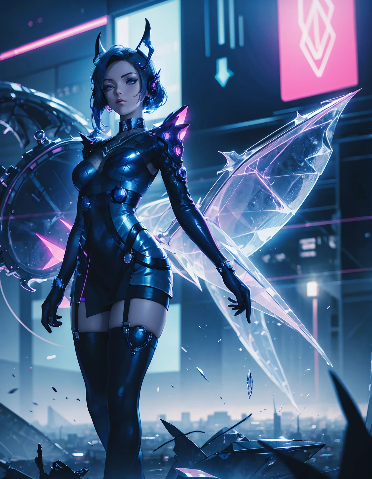 A futuristic cyberpunk girl with mechanical wings and devil horns, dressed in a black evening dress. She has blue hair with neon streaks, and she poses against the backdrop of a bright city. In the background is a simple urban landscape, flooded with neon lights in blue and pink tones, emphasizing the atmosphere of high-tech and science fiction. --ar 3:4 -stylize 1000 -niji 6