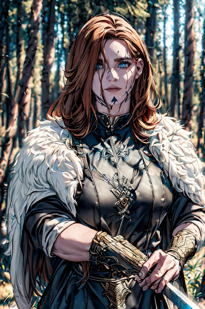 (Viking berserker norse Woman Post-Battle stance:1.2), (upper Body Framed:1.4), (detailed Runic Steel Sword:1.3), (detailed fur cloak:1.3), (Weathered detailed Runed Armor:1.4), (Skyrim-Inspired:1.3), (Viking-inspired Netflix series:1.1), (detailed piercing Ice-Blue Eyes:1.2), (detailed perfect (mature :1.4) Dirty battle-darkened face), (detailed real skin), (detailed highlight Long Messy Braided Hair:1.2), (Snow-Capped Mountains:1.0), (Pine Forest Background:1.0), (Rising Sun:1.1), (Winter Color Palette:1.2), (Camera Framing Battle Aftermath:1.2), (DSLR:1.1), (Sharp Focus:1.2), (Film Grain:1.1), (8K UHD Resolution:1.1), (High Definition Range:1.2), (Trending on Unsplash:1.0),
