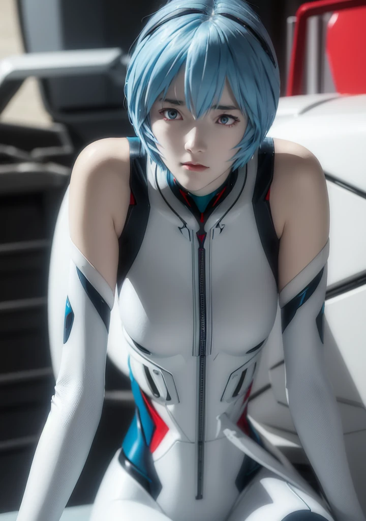 Teenage Girl, Rei Ayanami, (Ayanami Rei:1.2), Blue Hair, short hair, (Red eyes:1.3),Bodysuits, headgear, Plug Suit, white Bodysuits, Realistic, 4K, photoRealistic, Highest quality, Research Room, Dramatic Light, Aloe Clapart-1000, Ray Tracing,Detail Shadow,Shot with the Fujifilm X-T4,85mm,F1.2,Sharp focus,Depth of written boundary,Blurred Background,Bokeh,Lens flare 