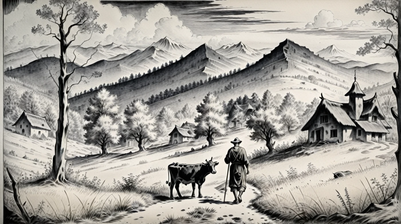 Berger avec une vache, Forêt et montagnes en arrière-plan, encre noire 