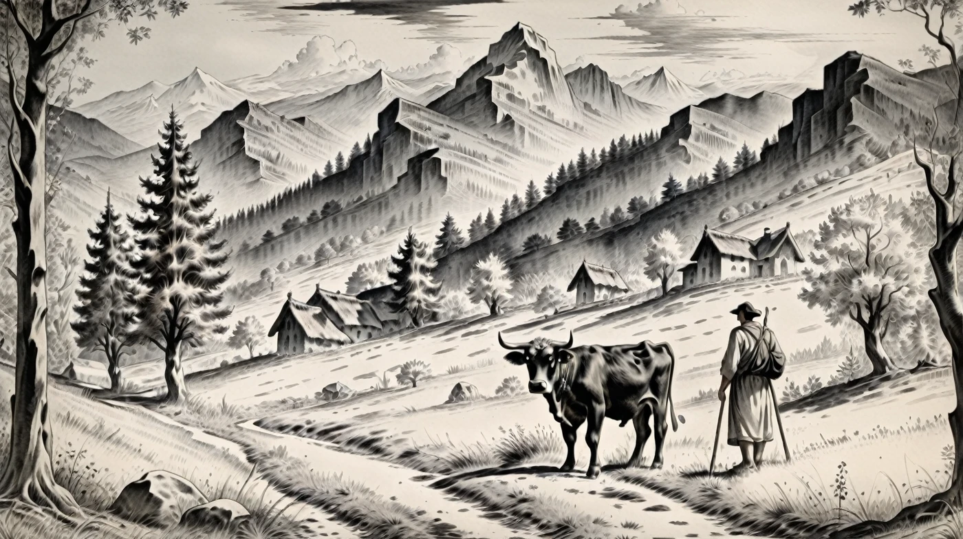 Berger avec une vache, Forêt et montagnes en arrière-plan, encre noire 