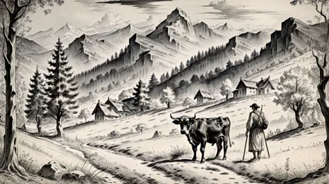 Shepherd with a cow, Forest and mountains in the background, black ink 