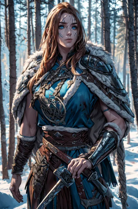 (Viking berserker norse Woman Post-Battle stance:1.2), (upper Body Framed:1.4), (detailed Runic Steel Sword:1.3), (detailed fur ...