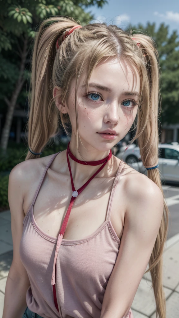 (best quality:1.1), (masterpiece:1.4), (absurdres:1.0),  portrait, close-up,
1 girl, ekaterina kurae, twintails, (low-tied_long_hair:1.2), hair ends, very long hair, blonde hair, flat chest, blue eyes, t-shirt, cargo pants, looking at viewer, outdoors, (blush:1.2), mall, (crowd:0.75), armpits,