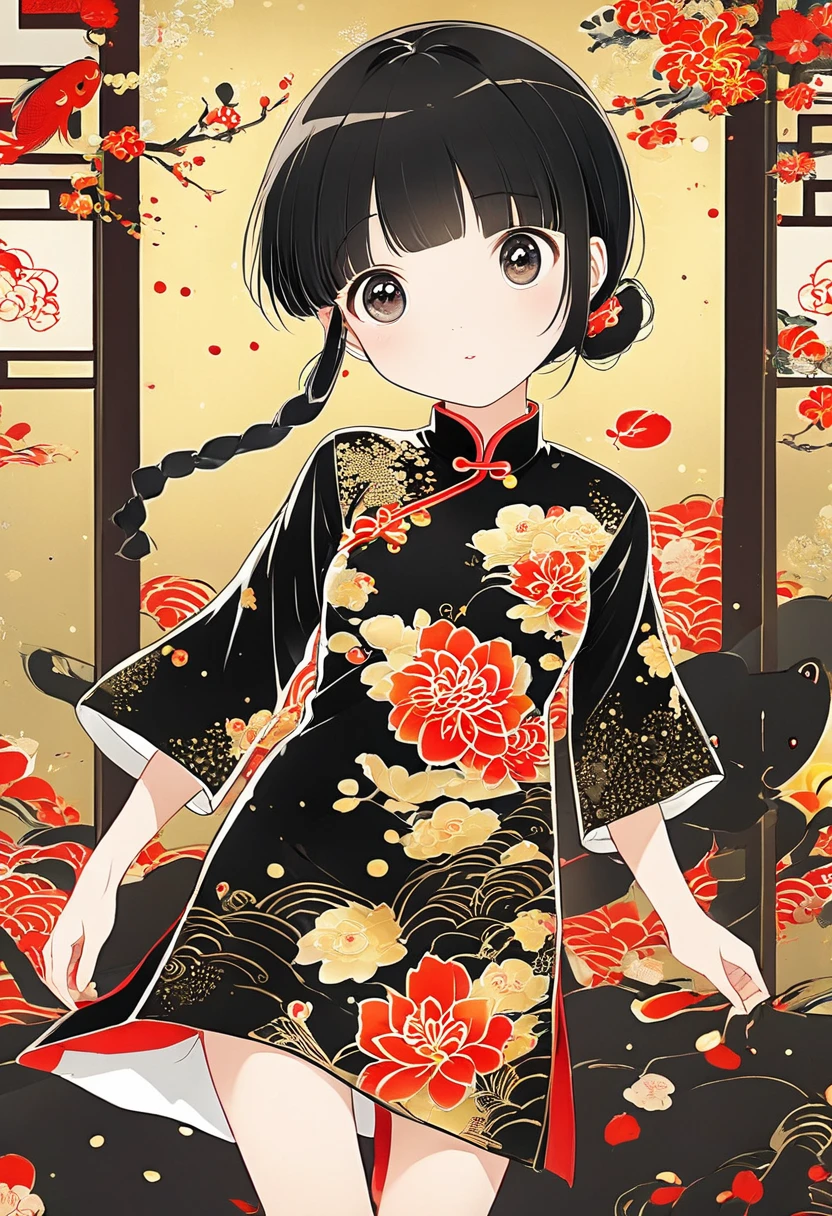 (masterpiece, best quality:1.2),little girl，solitary,Exquisite eyes,Fine black hair，( Smooth skin:1.2)( Wear a gorgeous and shining cheongsam:1.2)， Slender body proportions，Gorgeous room（（Intricate details））