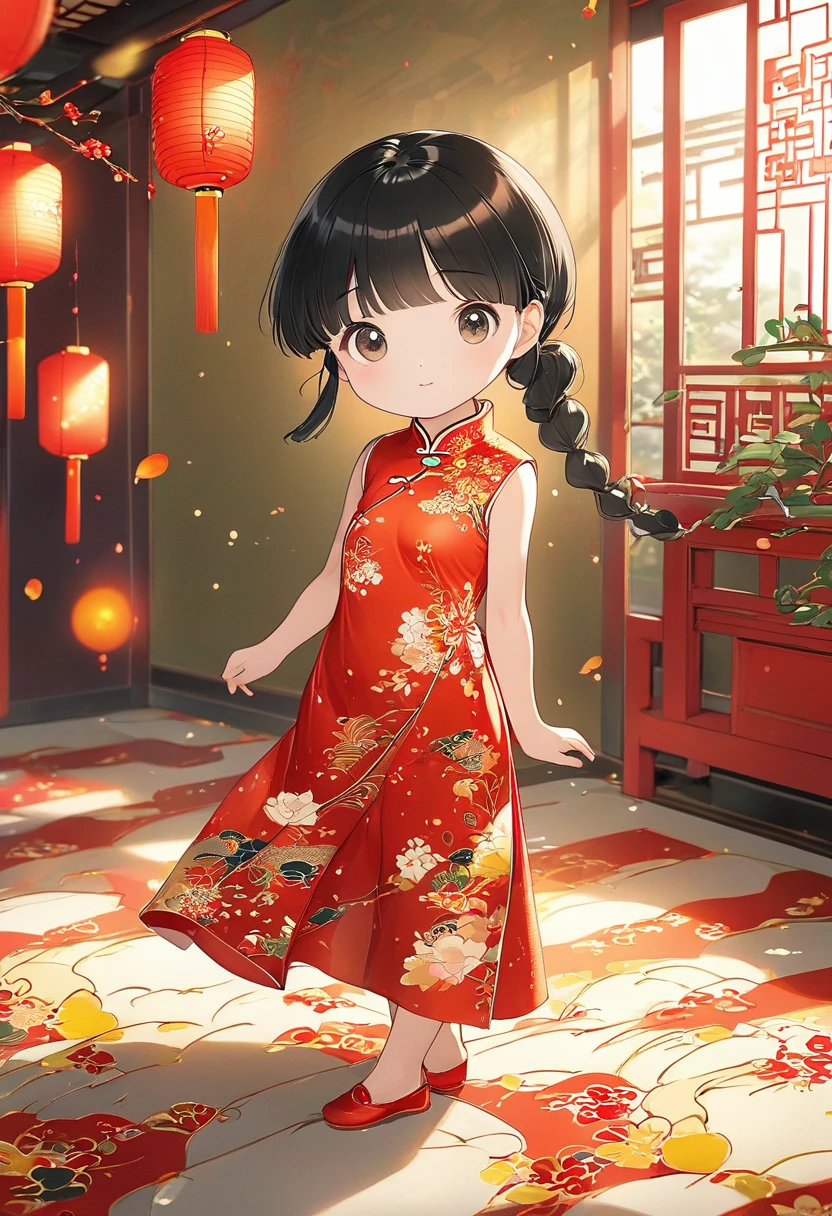 (masterpiece, best quality:1.2),little girl，solitary,Exquisite eyes,Fine black hair，( Smooth skin:1.2)( Wear a gorgeous and shining cheongsam:1.2)， Slender body proportions，Gorgeous room（（Intricate details））